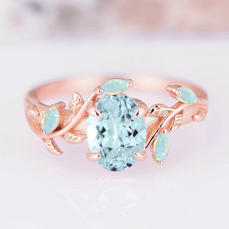 Aquamarine & Australian Opal Leaf Engagement Ring- 14K Rose Gold Vermeil