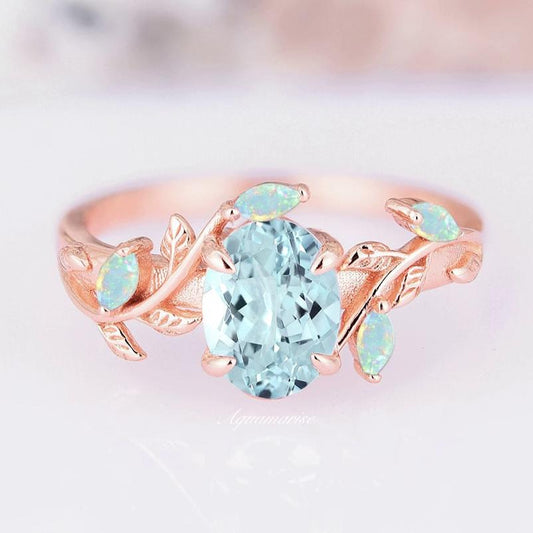 Aquamarine & Australian Opal Leaf Engagement Ring- 14K Rose Gold Vermeil