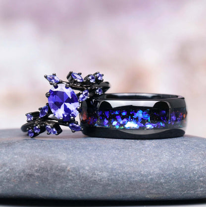 Cornflower Sapphire & Galaxy Orion Nebula Black Couples Ring- His and Hers Ring Set