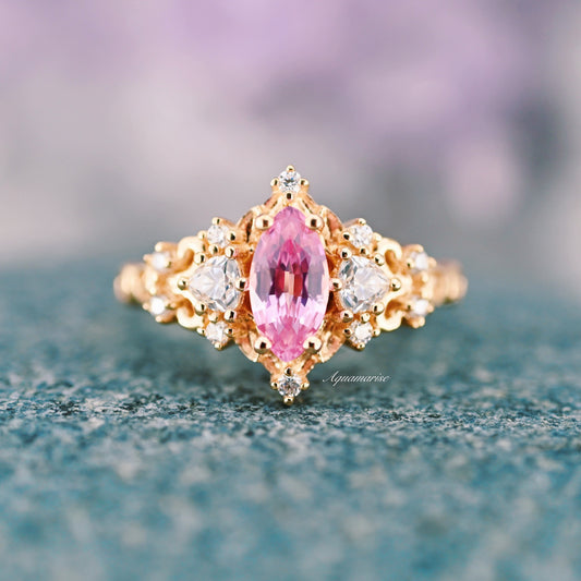 Elain Pink Sapphire Fairy Leaf Engagement Ring- 14K Solid Yellow Gold