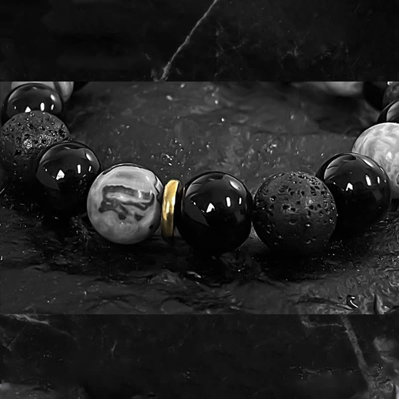 Pulsera de fuerza Yin Yang de piedra de roca de lava de obsidiana negra 