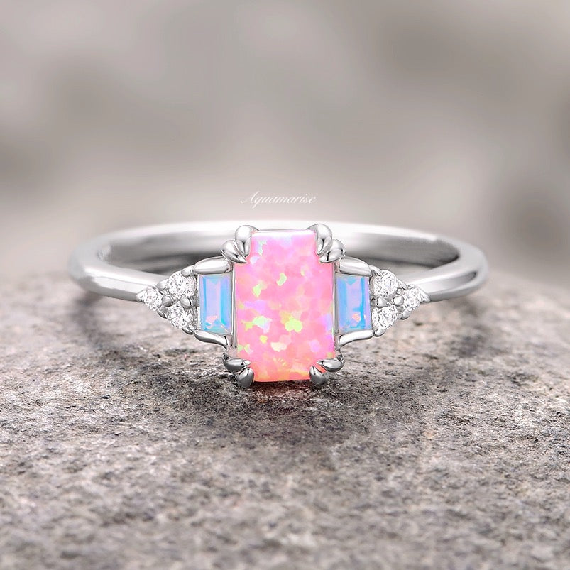 Pink Fire Opal & Opalescent Sapphire Ring- Sterling Silver