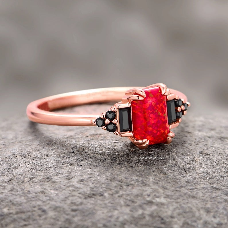 Red Fire Opal & Black Diamond (Onyx) Ring- 14K Rose Gold Vermeil