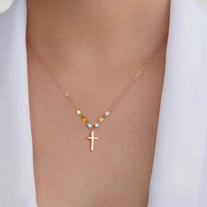 Sterling Silver Cross with Tiny birthstone necklace - Family tree necklace