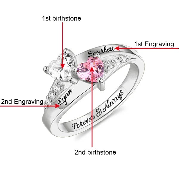 Personalisierter Verlobungsring mit Doppelherz-Gravur und Geburtsstein, inklusive Ringbox mit Rose 