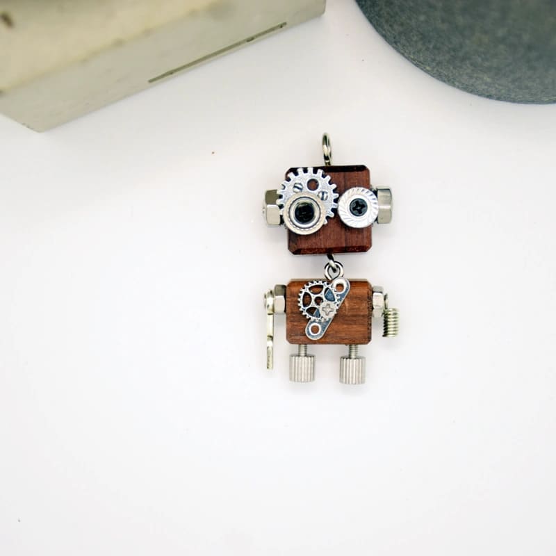 Handmade Steampunk Robot Necklace Keychain Car Hanging Pendant Original Wooden DIY Jewelry Gift