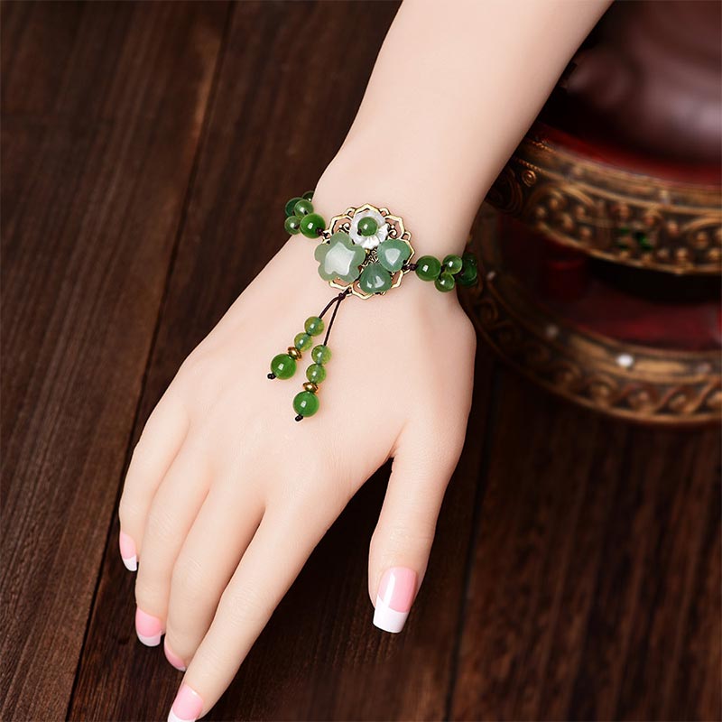 Natural Green Jade Luck Dangling Flower Bracelet