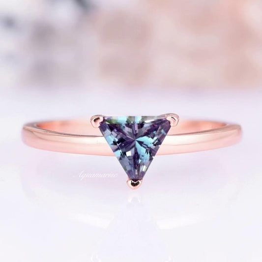 Triangle Cut Solitaire Alexandrite Ring- 14K Rose Gold Vermeil