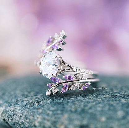 Fairy Amethyst & Moissanite/Diamond Leaf Engagement Ring Set- 14K White Gold