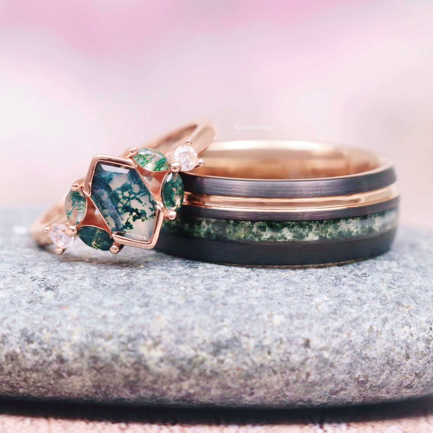 Moss Agate Wedding Band- 8MM Black & Rose Gold Tungsten