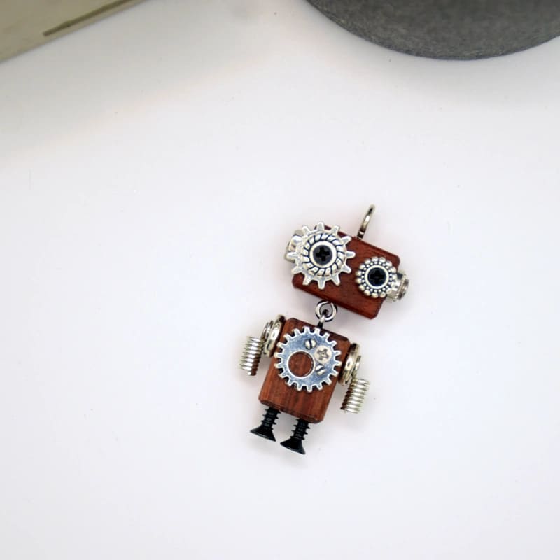 Handmade Steampunk Robot Necklace Keychain Car Hanging Pendant Original Wooden DIY Jewelry Gift