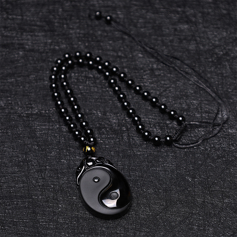 Natural Black Obsidian Yin Yang Fulfilment Strength Necklace Pendant