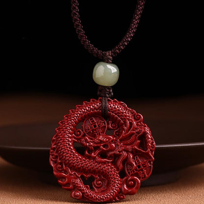 Year Of The Dragon Natural Cinnabar Hetian Jade Bead Copper Coin Attract Wealth Strength Necklace Pendant