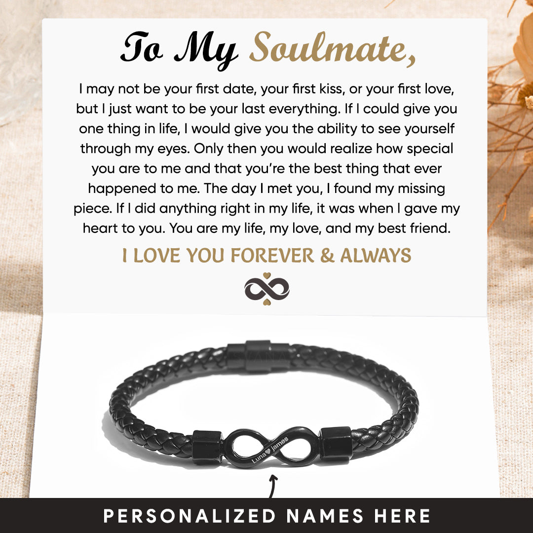 An meinen Seelenverwandten, personalisiertes Infinity-Lederarmband mit zwei Namen