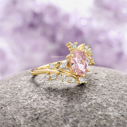 Morganite Fairy Leaf Engagement Ring- 14K Solid Yellow Gold