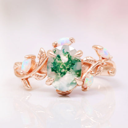 Green Moss Agate & Opal Leaf Ring- 14K Rose Gold Vermeil