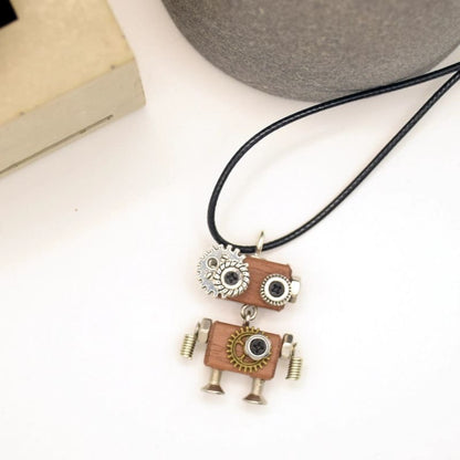 Handmade Steampunk Robot Necklace Keychain Car Hanging Pendant Original Wooden DIY Jewelry Gift