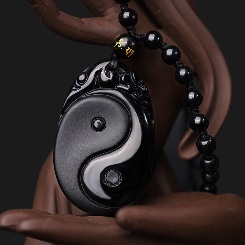 Natural Black Obsidian Yin Yang Fulfilment Strength Necklace Pendant