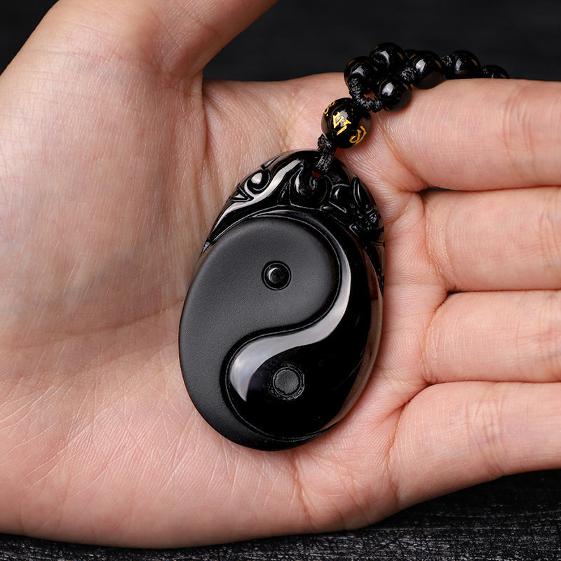 Natural Black Obsidian Yin Yang Fulfilment Strength Necklace Pendant