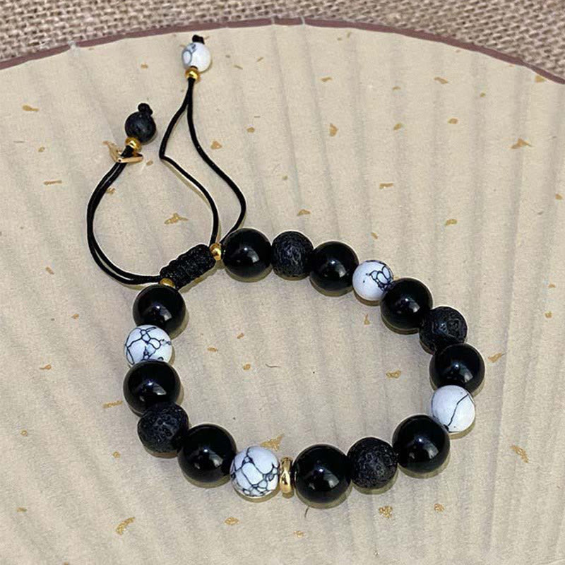 Black Obsidian Lava Rock Stone Yin Yang Strength Bracelet