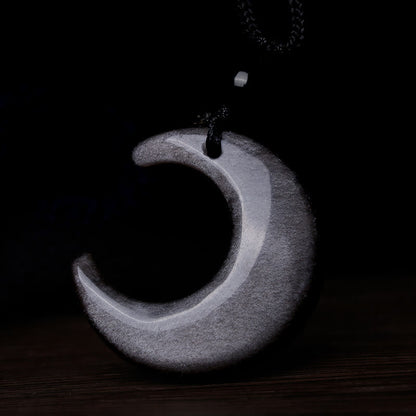 Natural Silver Sheen Obsidian Selenite Crystal Crescent Moon Yin Yang Couple Protection Necklace Pendant