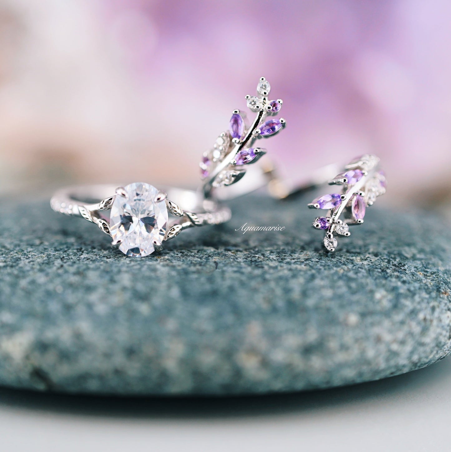 Fairy Amethyst & Moissanite/Diamond Leaf Engagement Ring Set- 14K White Gold