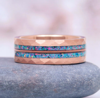 Blue Fire Opal & Guitar String Wedding Band- 8MM Rose Gold Tungsten