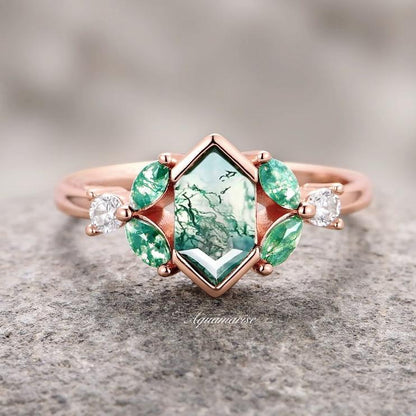 Hexagon Moss Agate Leaf Ring- 14K Rose Gold Vermeil