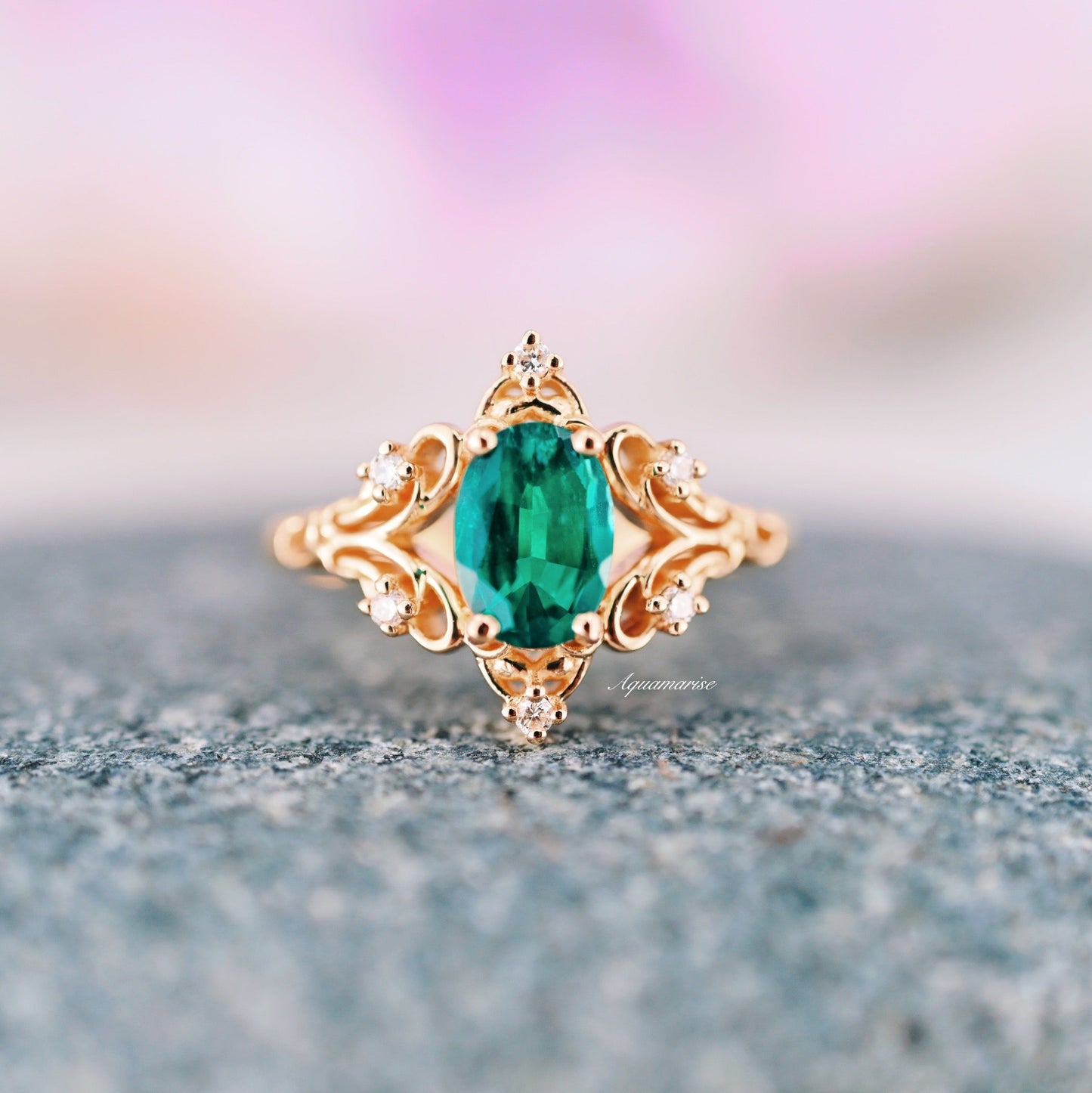 Maeve Emerald Ring- 14K Solid Yellow Gold Oval Fairy Engagement Ring