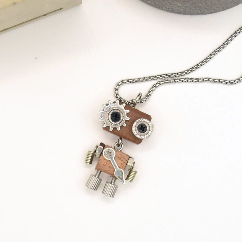 Handmade Steampunk Robot Necklace Keychain Car Hanging Pendant Original Wooden DIY Jewelry Gift