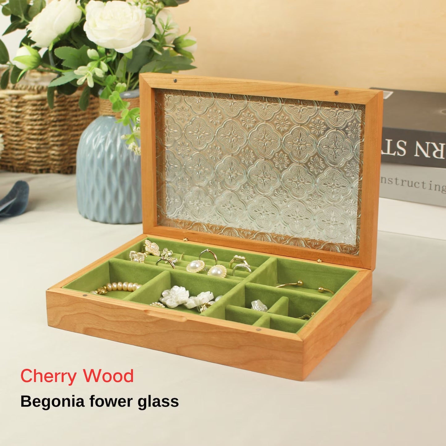 Vintage Solid Wood Glass Jewelry Box•Large Wooden Jewelry Box