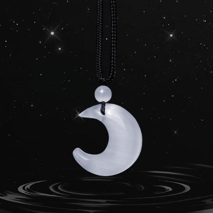 Natural Silver Sheen Obsidian Selenite Crystal Crescent Moon Yin Yang Couple Protection Necklace Pendant