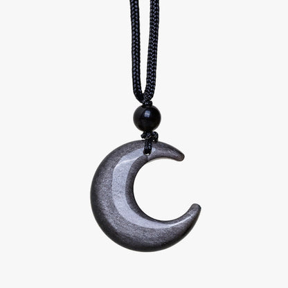 Natural Silver Sheen Obsidian Selenite Crystal Crescent Moon Yin Yang Couple Protection Necklace Pendant