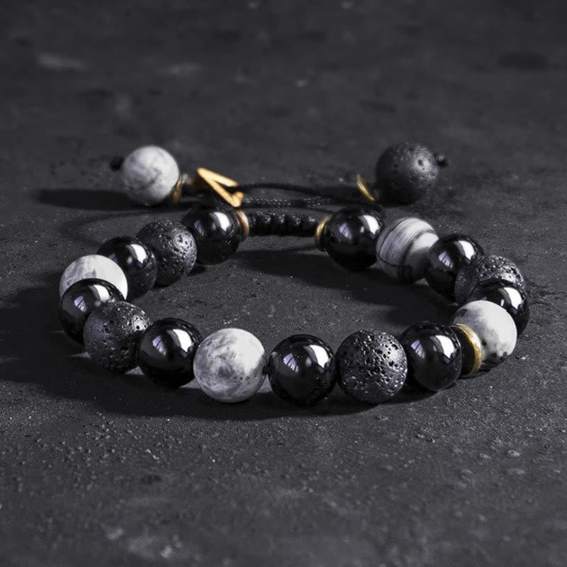 Pulsera de fuerza Yin Yang de piedra de roca de lava de obsidiana negra 