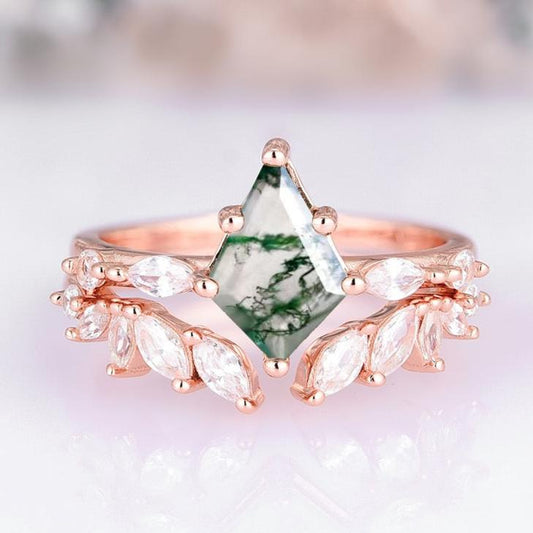 Kite Green Moss Agate Ring Set- 14K Rose Gold Vermeil