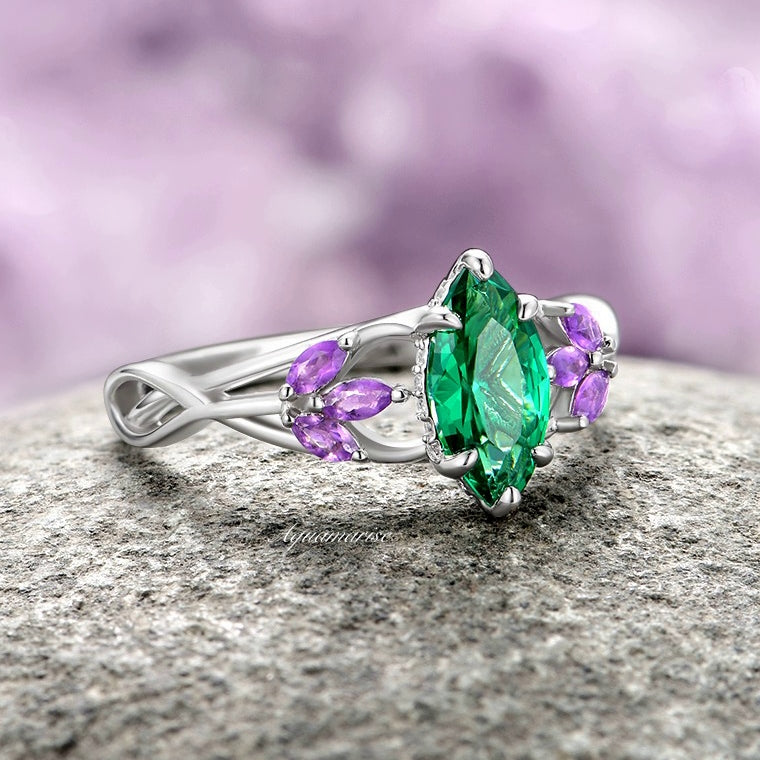 Emerald & Amethyst Mystical Fairy Queen Ring-  Sterling Silver