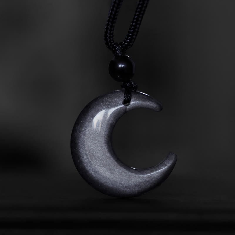 Natural Silver Sheen Obsidian Selenite Crystal Crescent Moon Yin Yang Couple Protection Necklace Pendant