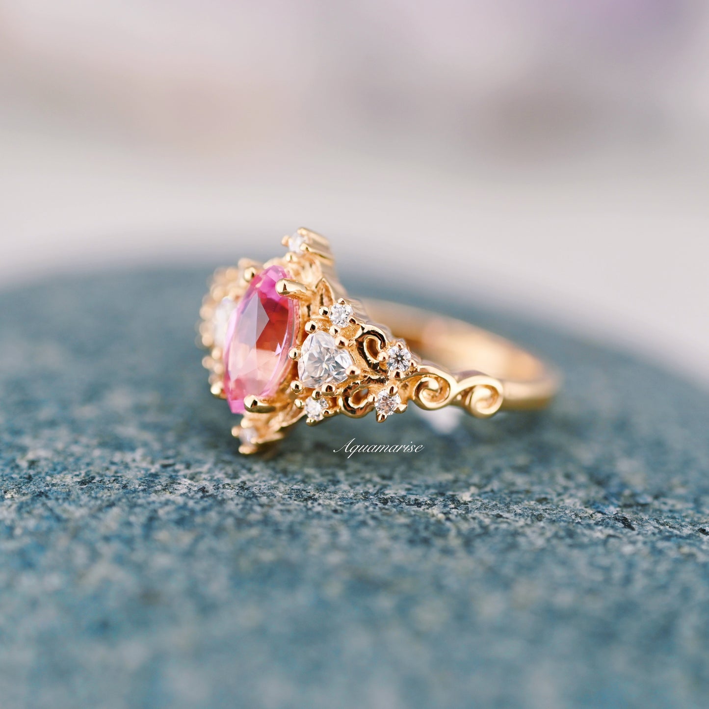 Elain Pink Sapphire Fairy Leaf Engagement Ring- 14K Solid Yellow Gold