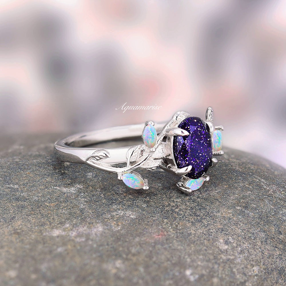 Starry Night & Australian Opal Leaf Ring- Sterling Silver