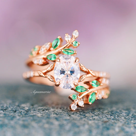 Diamond (cz) & Emerald Leaf Fairy Ring- 14K Rose Gold Vermeil