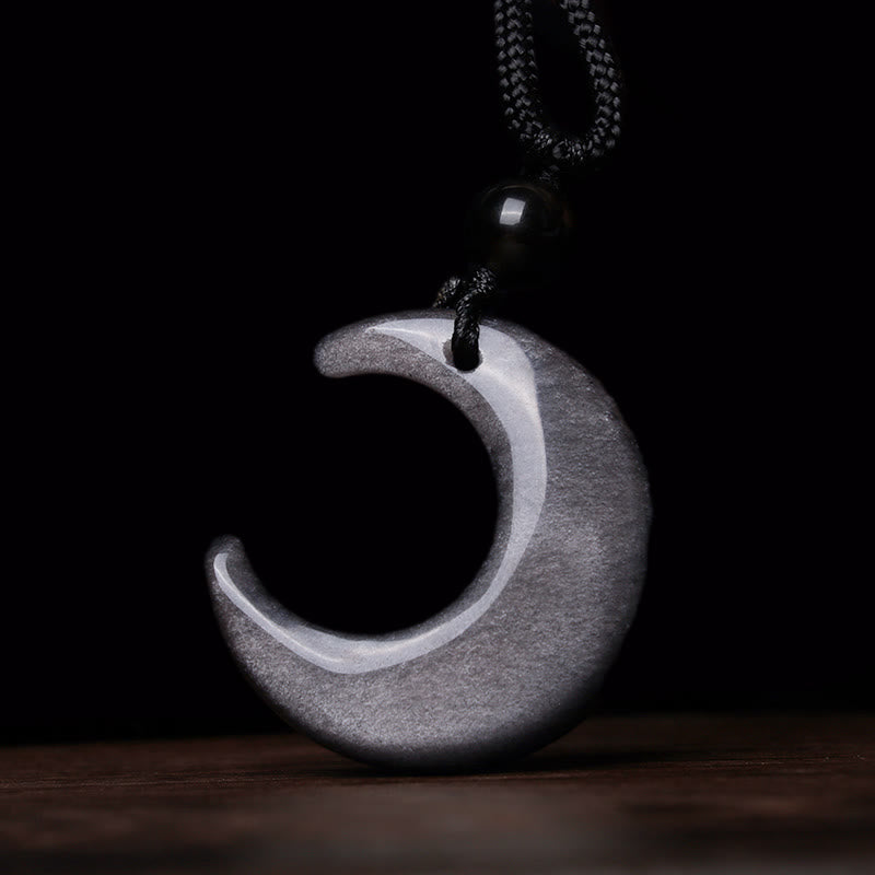 Natural Silver Sheen Obsidian Selenite Crystal Crescent Moon Yin Yang Couple Protection Necklace Pendant