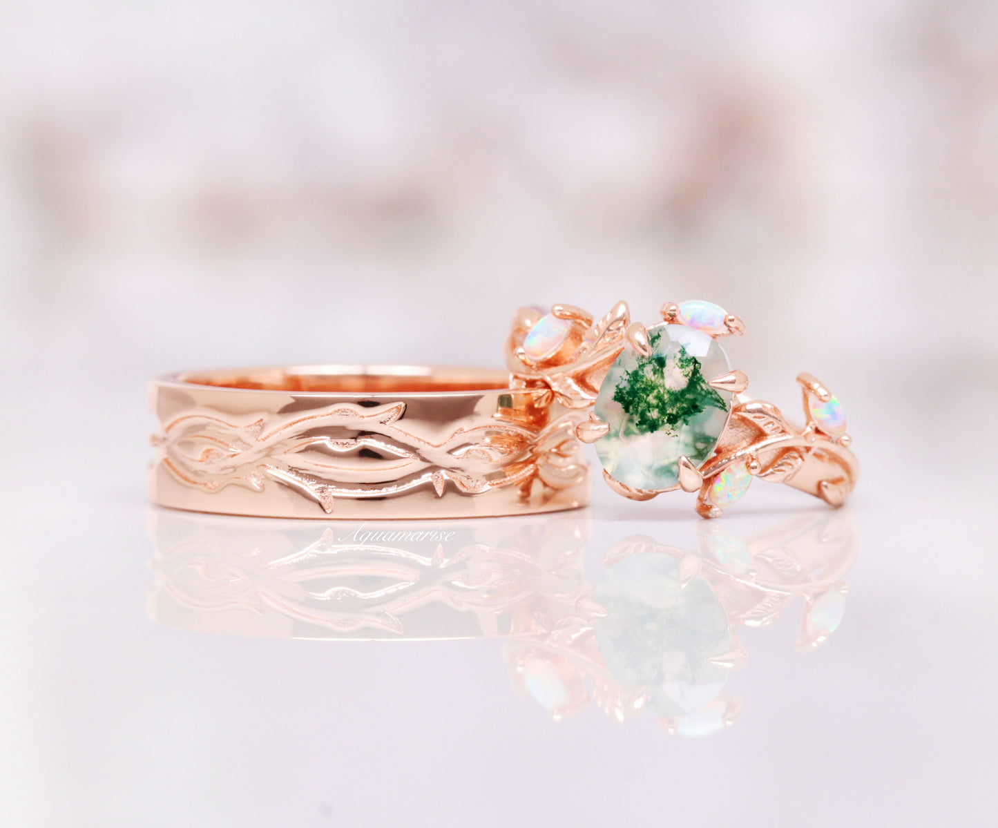 Green Moss Agate & Opal Leaf Ring- 14K Rose Gold Vermeil