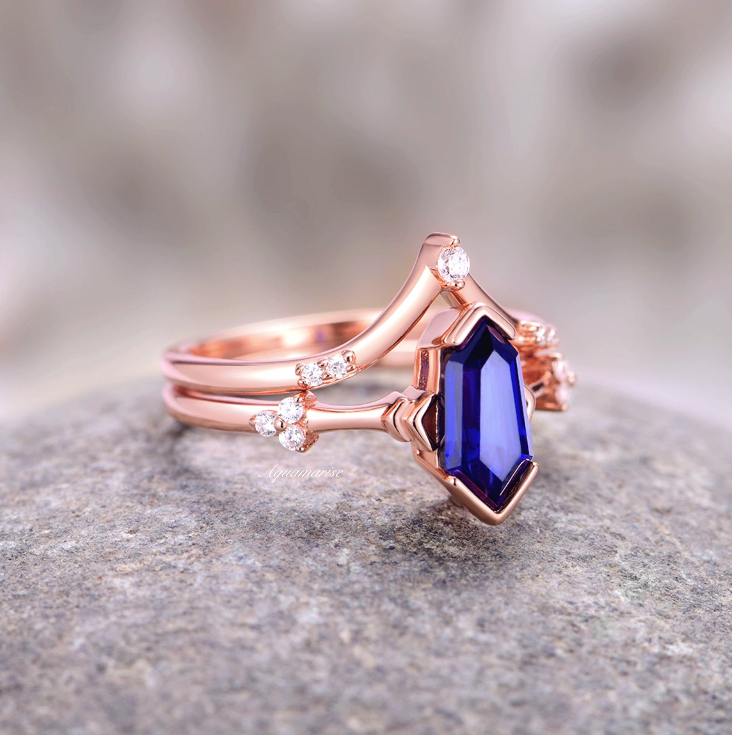 Blue Sapphire Ring Set- 14K Rose Gold Vermeil