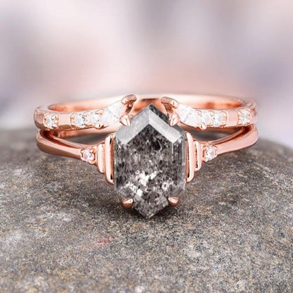 Galaxy Raw Salt & Pepper Diamond (Herkimer Diamond) Ring Set- 14K Rose Gold Vermeil