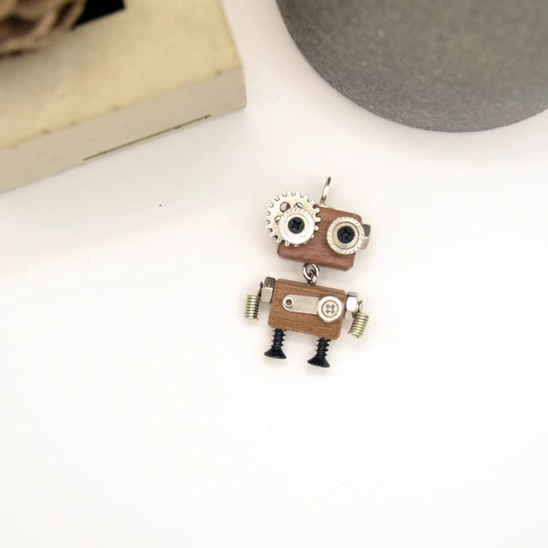 Handmade Steampunk Robot Necklace Keychain Car Hanging Pendant Original Wooden DIY Jewelry Gift