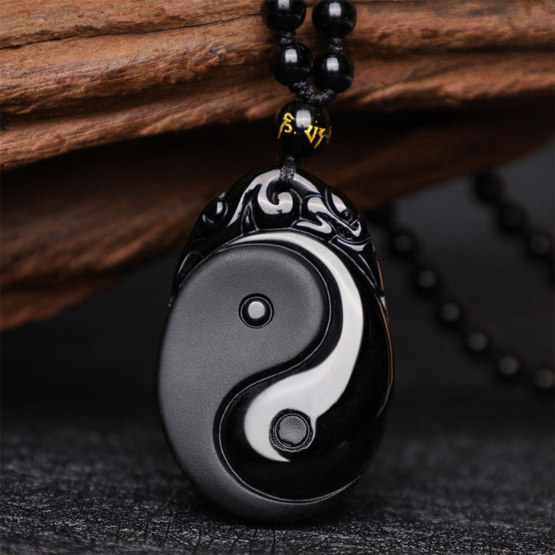 Natural Black Obsidian Yin Yang Fulfilment Strength Necklace Pendant