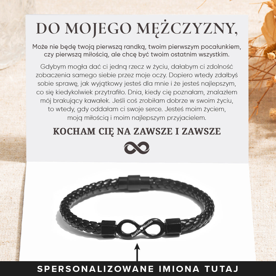 Do Mojego Mężczyzny, Na Zawsze I Zawsze Spersonalizowana Skórzana Bransoletka Infinity Z Podwójnym Imieniem