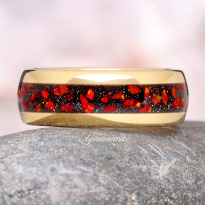 Red Fire Opal & Starry Night Wedding Band- 8MM Gold Tungsten