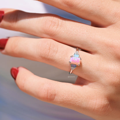 Pink Fire Opal & Opalescent Sapphire Ring- Sterling Silver