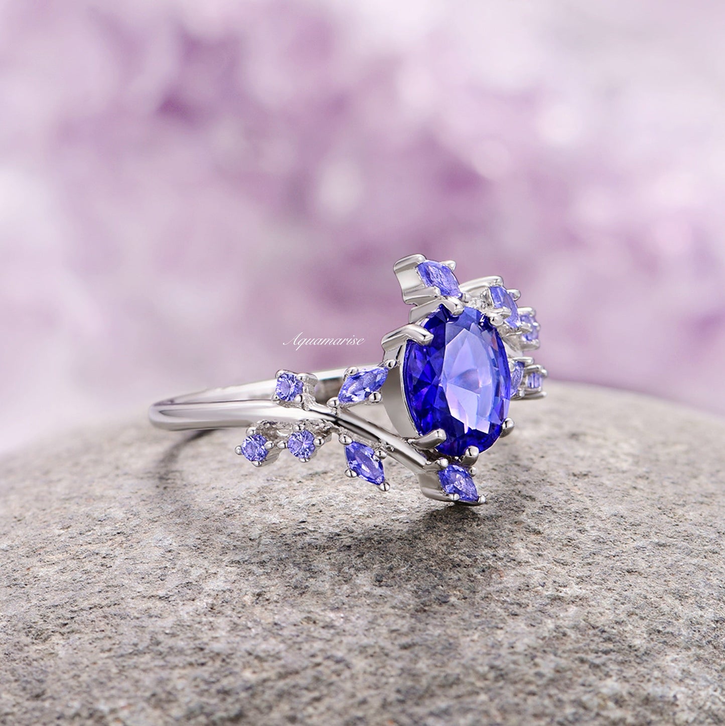 Cornflower Blue Sapphire Leaf Ring- 925 Sterling Silver